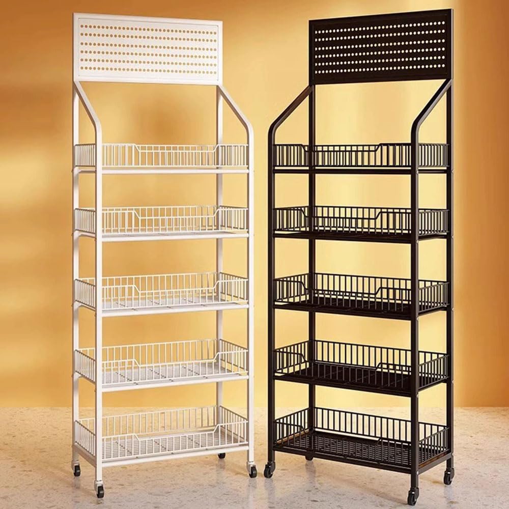 AYCDL Display Rack with Wheels and Hooks - Versatile Floor-Standing Organizer for Snacks and Confections in Supermarkets and Homes,White-5 Tier