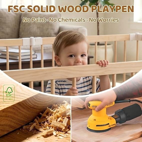 Wooden Baby Playpen with Child Safety Lock, 6-Panel Adjustable Foldable Play Yard for Toddlers, Tree Activity Board Montessori Playpen, Portable Indoor Baby Fence & Activity Center for Infant