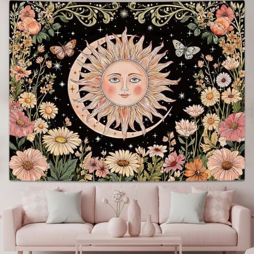 Aipon Boho Sun and Moon Hippie Vintage Daisy Floral Tapestry 48 x 36 Inch