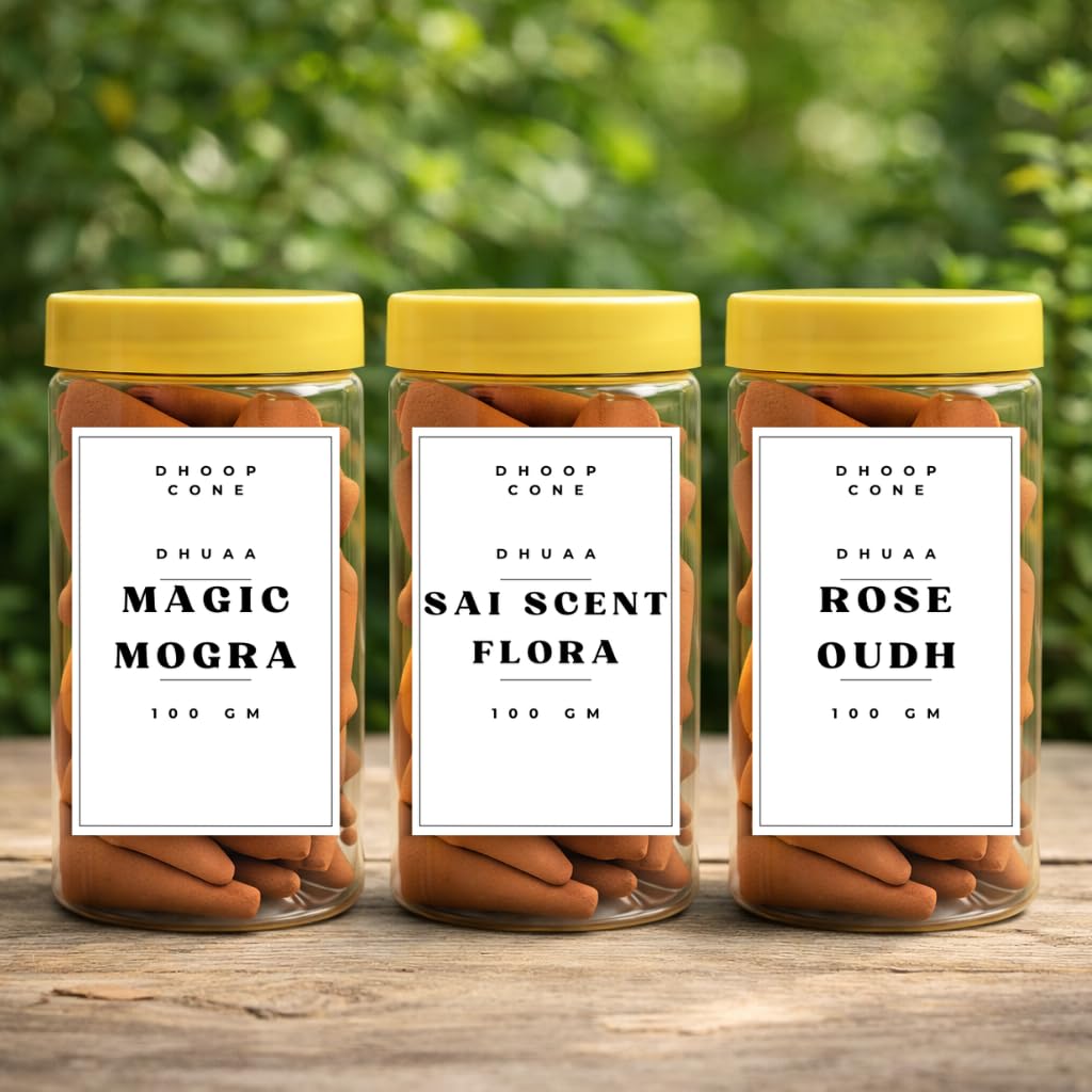 Dhoop Cone, Magic Mogra, Sai Scent Flora and Rose Oudh, 100 gm Each, Natural Puja Incense for Home, Temple and Meditation-image-43
