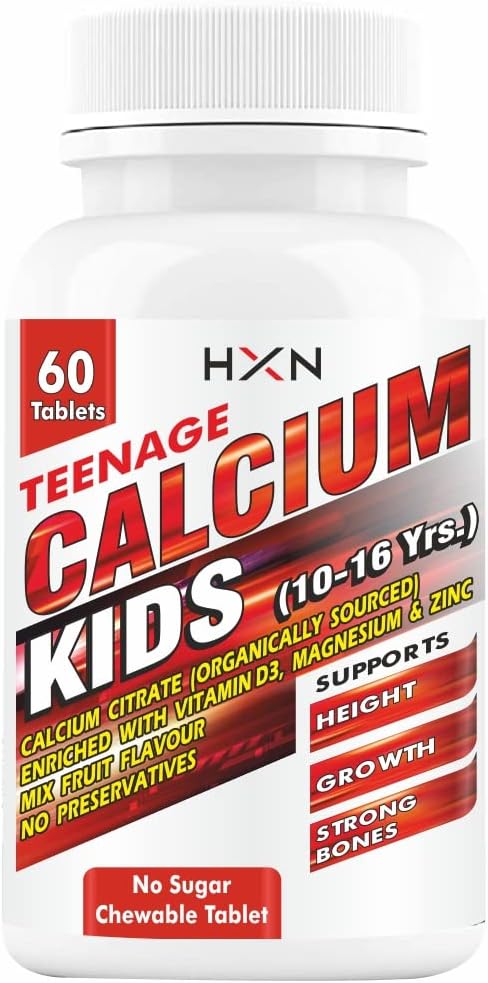 HXN Calcium For Kids With Vitamin D3, Magnesium, Zinc, Vitamin B12, Multivitamin Supplements for Teenager Kids Strong Bones Health | Teeth | Growth | Sugar Free -60 Chewable Tablets (10-16 years)