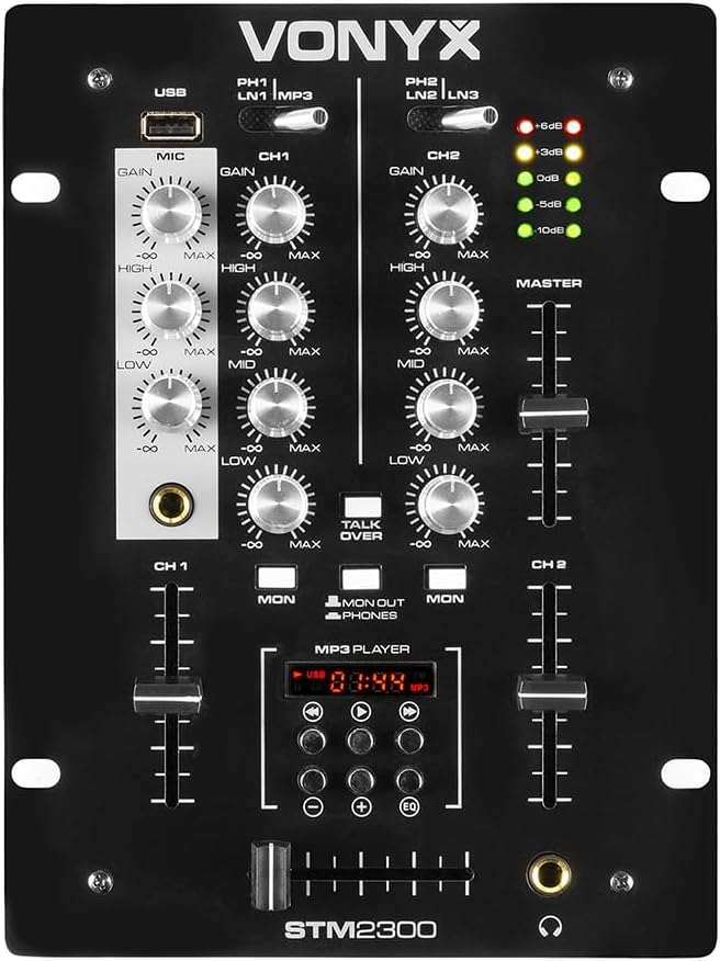 VONYX STM-2300 DJ Mixer – 2 Channel Mixer USB, MP3, 3-Band EQ for Live, Line DJ Mixing – Professional Audio Music Mixer for Disco, PA, and Party Events