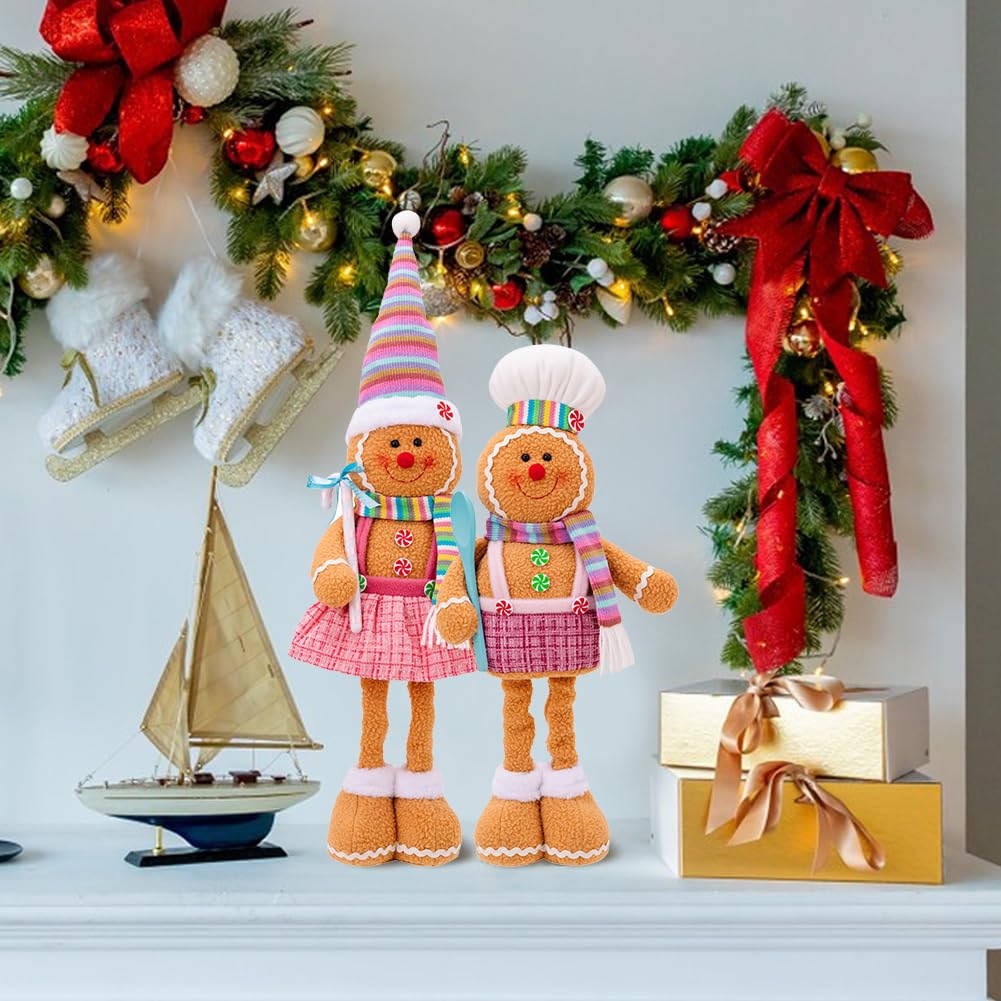 Katutude 2 figuras de peluche de Navidad, hombre de jengibre de pie con patas largas retráctiles, adornos de hombre de jengibre de Navidad, decoración de mesa de Navidad para niños y adultos