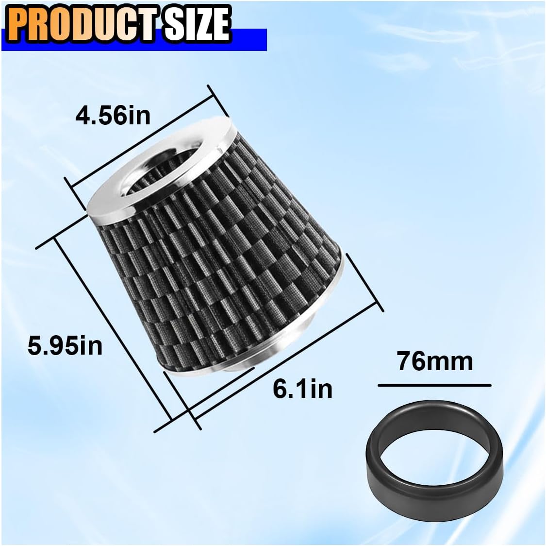 Universal Clamp-On Air Intake Filter, High Flow Closed-Top Cool Air Filter Cleaner, 76MM Performance Round Tapered Cone Air Filters, Washable Replacement Filter for Car Truck (76MM/CarbonFiber)
