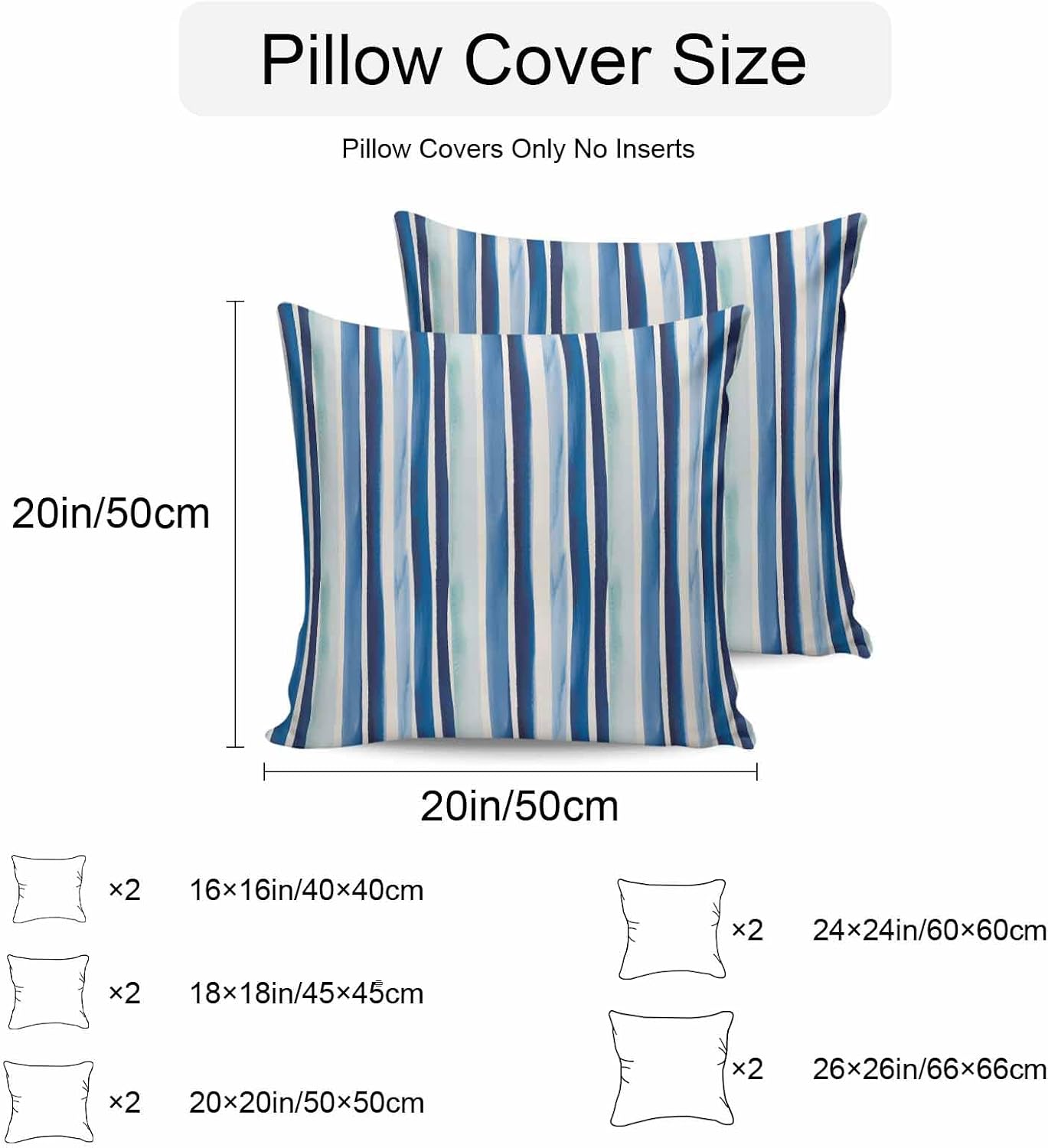 Vandarllin Outdoor Throw Pillows Covers 20x20 inch Set of 2 Waterproof Blue Green Stripes Lines Decorative Zippered Cushion Covers for Patio Furniture, Classic Vertical Striped Lumbar Pillowcases