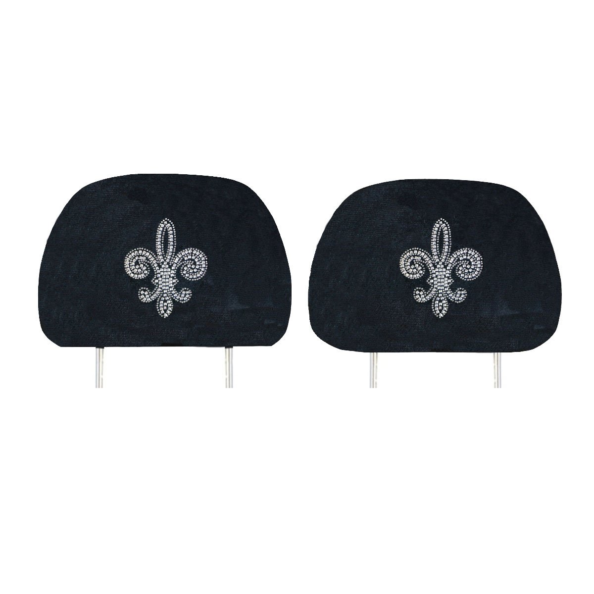 Two Embedded Crystal Velour Headrest Covers - Silver Fleur de Lis