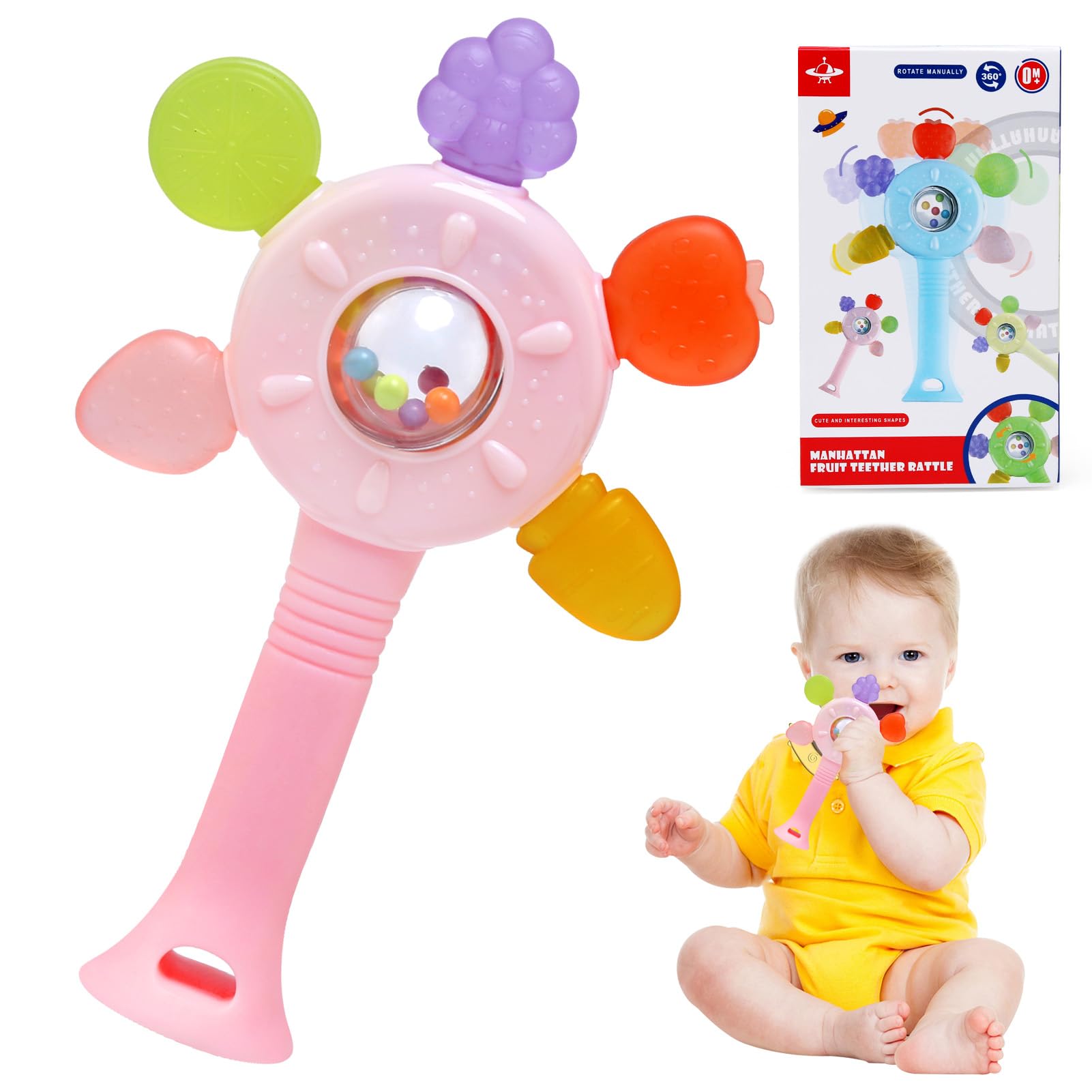 Sonajeros y Mordedor Juguetes Bebes 0 3 6 12 meses,Silicona Sensorial Denticion Sonajero Bebé 0-3 Meses,Juguete Educativo Temprano Montessori Regalo para Niños y Niñas 0-36 Meses (Rosa)