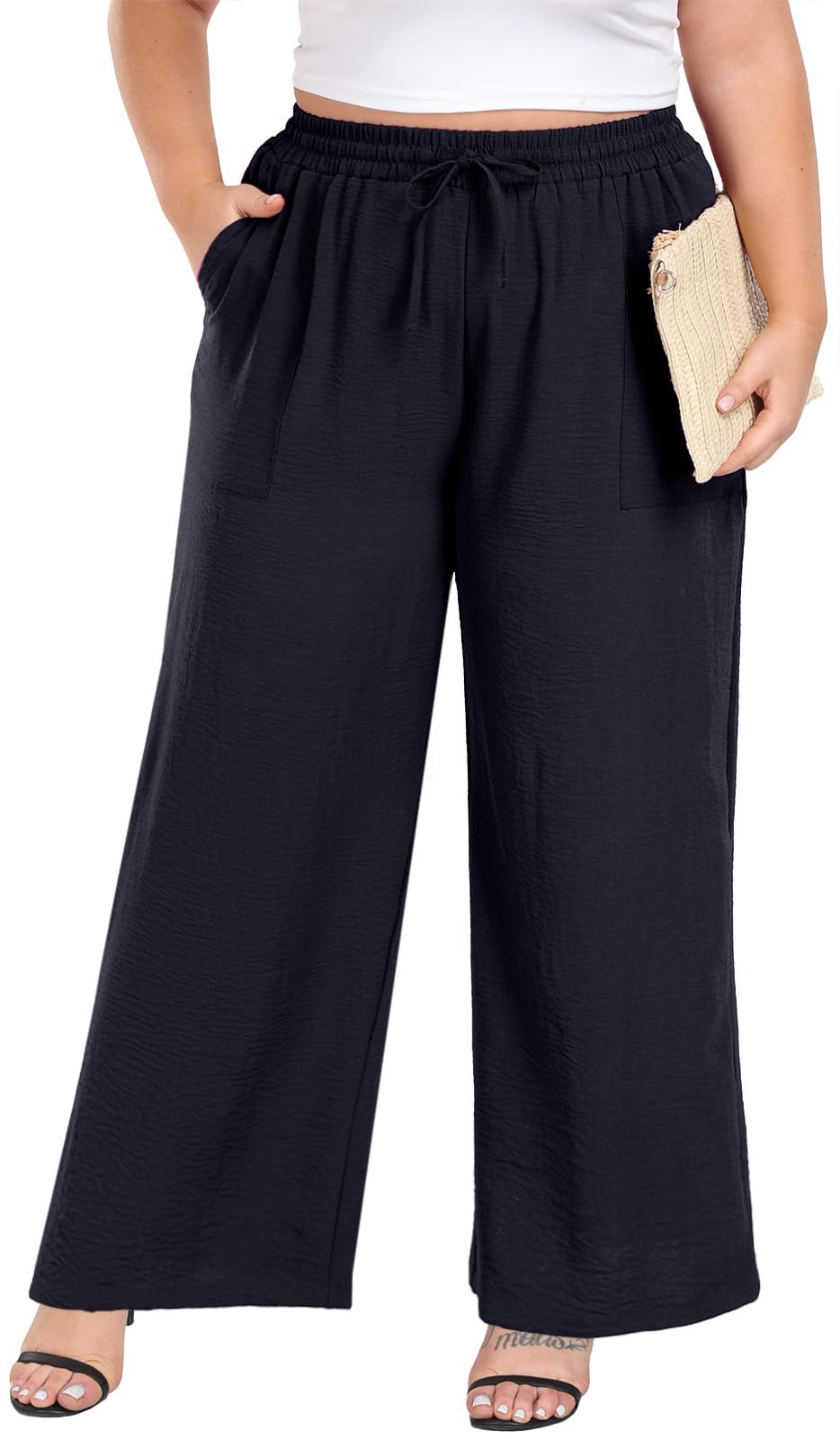 Lastshe Women's Plus Size Wide Leg Pants High Waist Loose Casual Palazzo Trousers with Pockets Spring Clothes