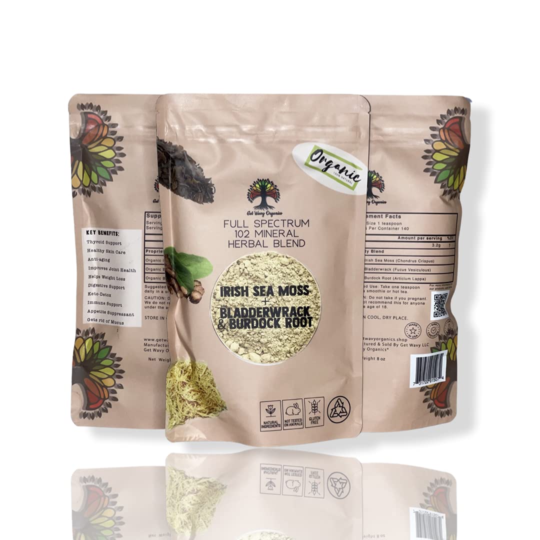 Get Wavy Organics Wildcrafted Sea Moss Powder | 8 oz | Natural Irish Sea Moss, Bladderwrack, and Burdock Root Powder - Thyroid Support, Healthy Skin, Keto Detox, Joint Support Alkaline Supplements