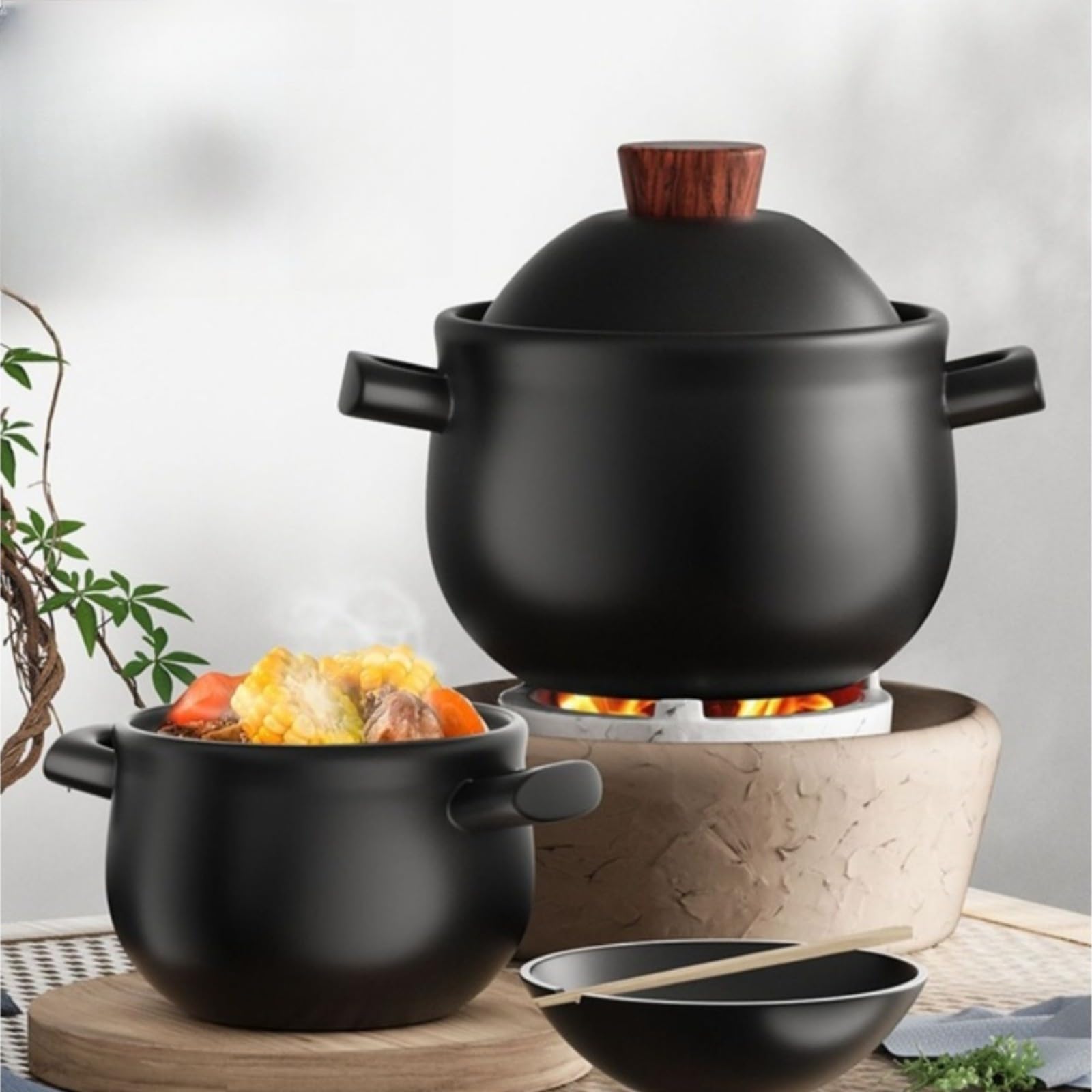 Casseruola in argilla nera, 3,6 l, resistente al calore, per stufe a gas, finitura smaltata