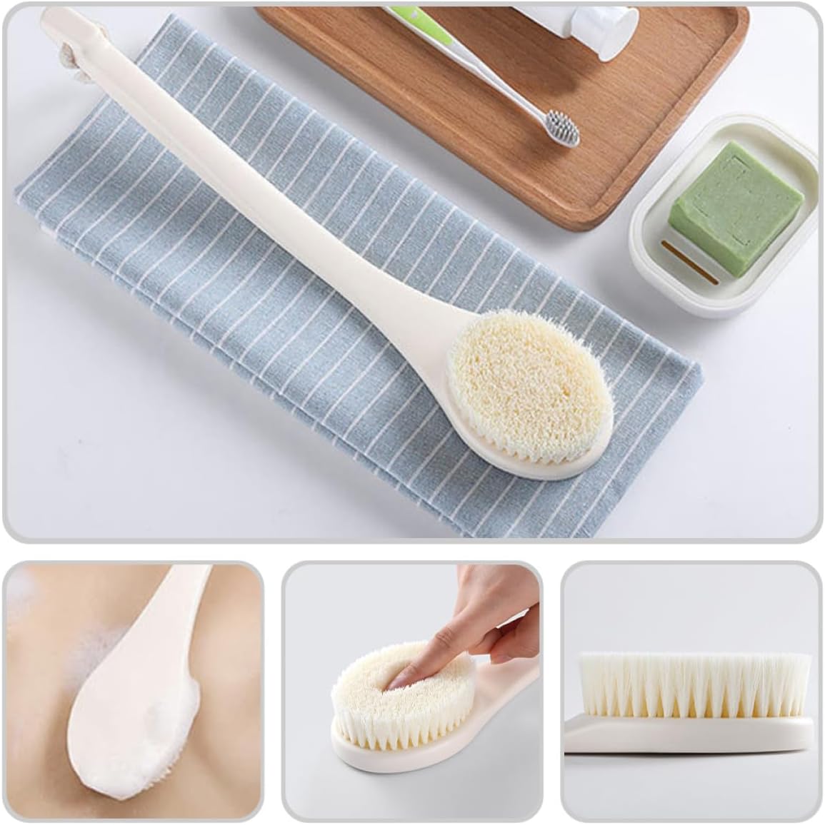 MAGICLULU Long Handle Back Scrubber Bath Brush with Soft Bristles, White Body Shower Brush for Exfoliation and Skin Cleaning, Suitable for Wet and Dry Use