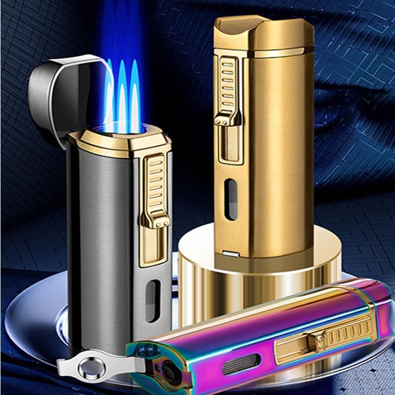 Encendedor antorcha triple llama azul recargable metal miniatura 3