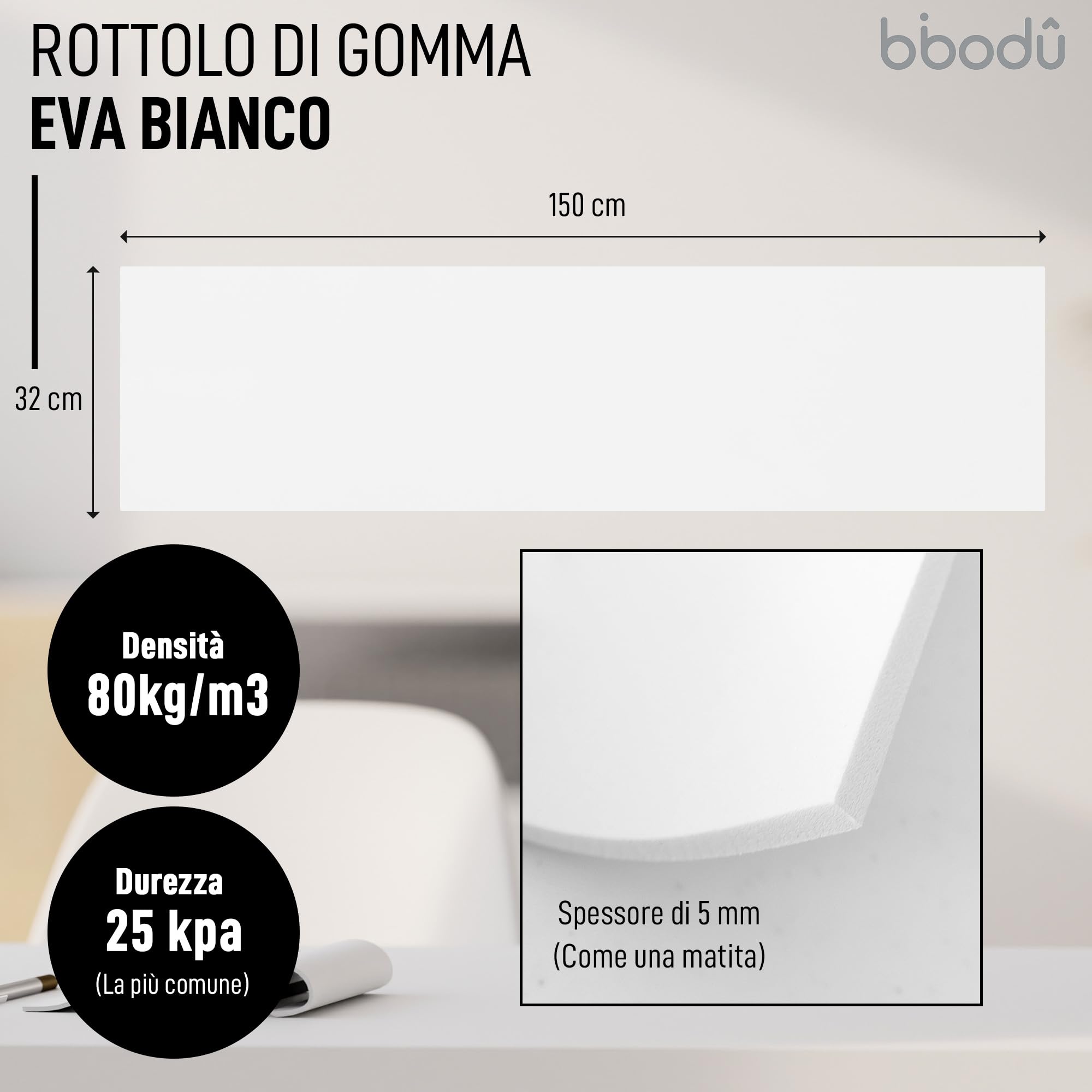 BIBODU Rotolo di Gomma Eva Nera 10mm di Spessore | Dimensioni Fogli 99cm x 37cm, Densità 80 kg/m3 | Eva Foam Nero per Creazioni DIY, Foam Cosplay, Halloween | Adatto Bambini e