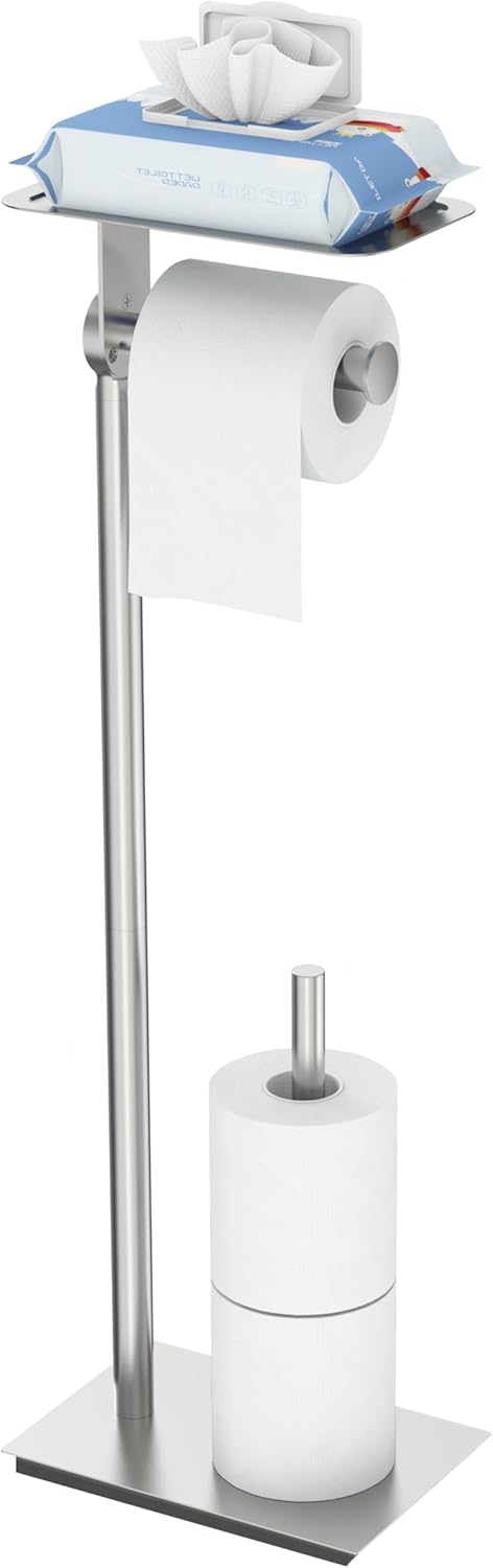 Toilet Paper Holder Stand, Free Standing Toilet Paper Holder with Shelf for Bathroom, Stainless Steel Brushed Nickel Toilet Paper Roll Holder with Storage, Reserve for 3 Rolls, Weighted Base