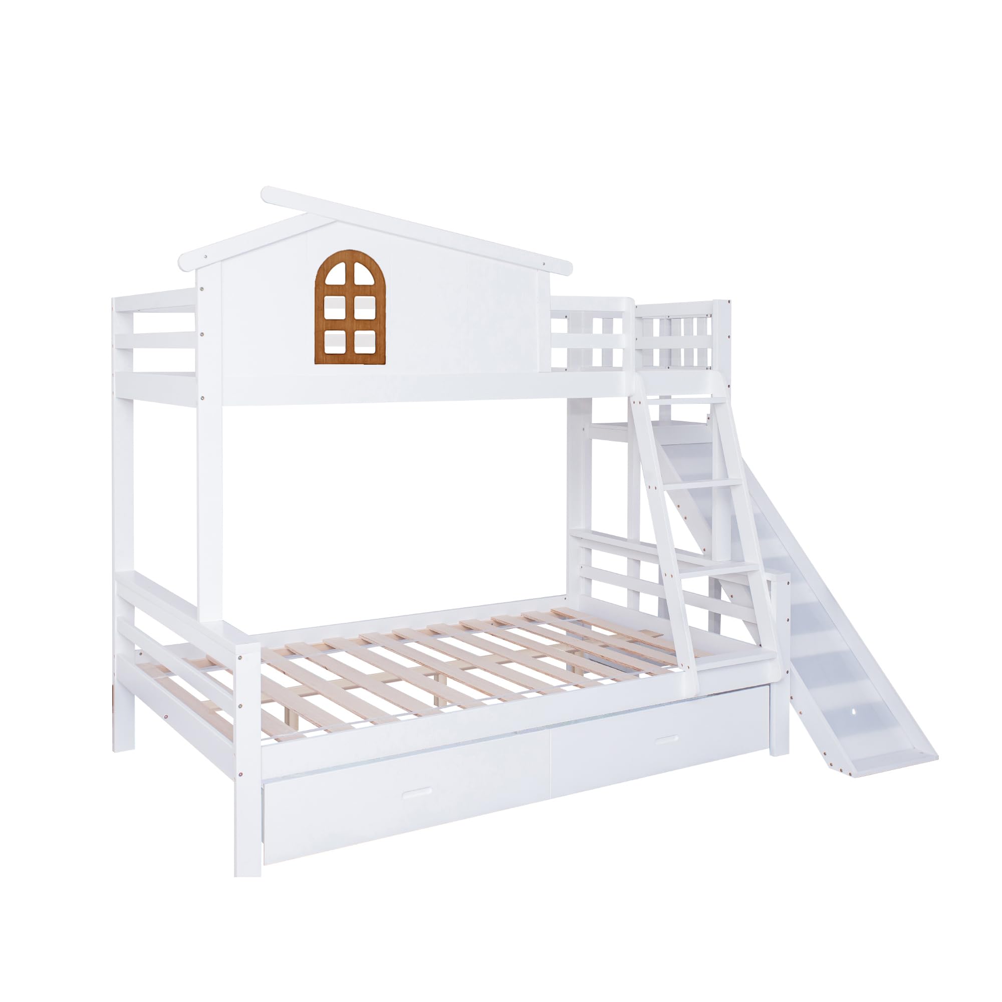 Letto a castello con finestre e scale ribaltabili a quattro livelli, bambini e letto madre con scivolo, telaio in legno massello bianco, 90 x 200 cm e 120 x 200 cm (letto a castello + 1 letto