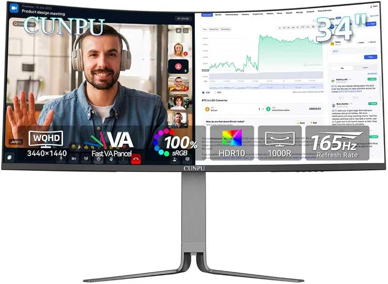 34 Inch Ultrawide Productivity Curved Monitor, 65W USB-C & KVM, 3440x1440 WQHD 165Hz 21:9 R1000 Display, 100% sRGB for Work and Gaming, 4000:1, Height Adjustable, PIP/PBP, HDMI, DisplayPort