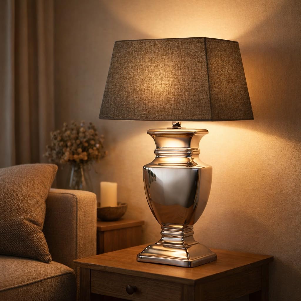 DRULINE Silver Lady Tischlampe Tischleuchte Lampe Keramik Grau Nachttischlampe Lampenfuß 53 cm