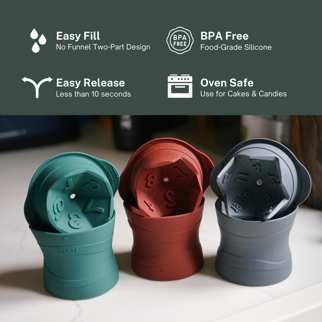 DND Dice Large Ice Cube Mold Set | Big D20 Dice, D12 & D10 Silicone Ice Molds for TTRPG Gamers | 3" DND Dice Mold Clear Ice Cube Maker for Freezer | Oven Safe Ice Silicone Molds with Lids