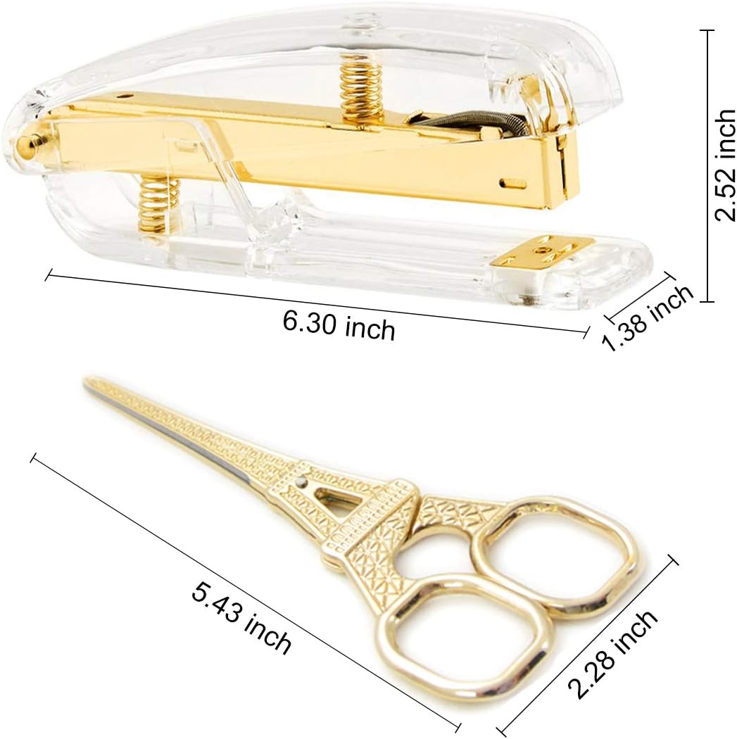 Gold Scissors and Stapler Set - Scissors and Stapler with 1000 Rose Gold Staples, Luxury Set of Gold Office Supplies & Desk Accessories
