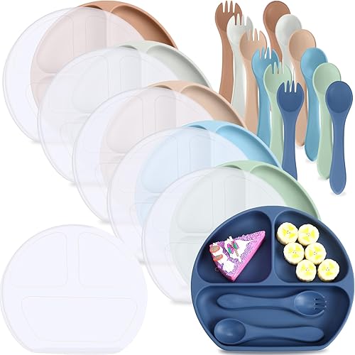Miniatura 1 de Paquete de 6 platos de silicona para bebés y niños pequeños con ventosa para bebés, aptos para microondas, lavavajillas, platos divididos de