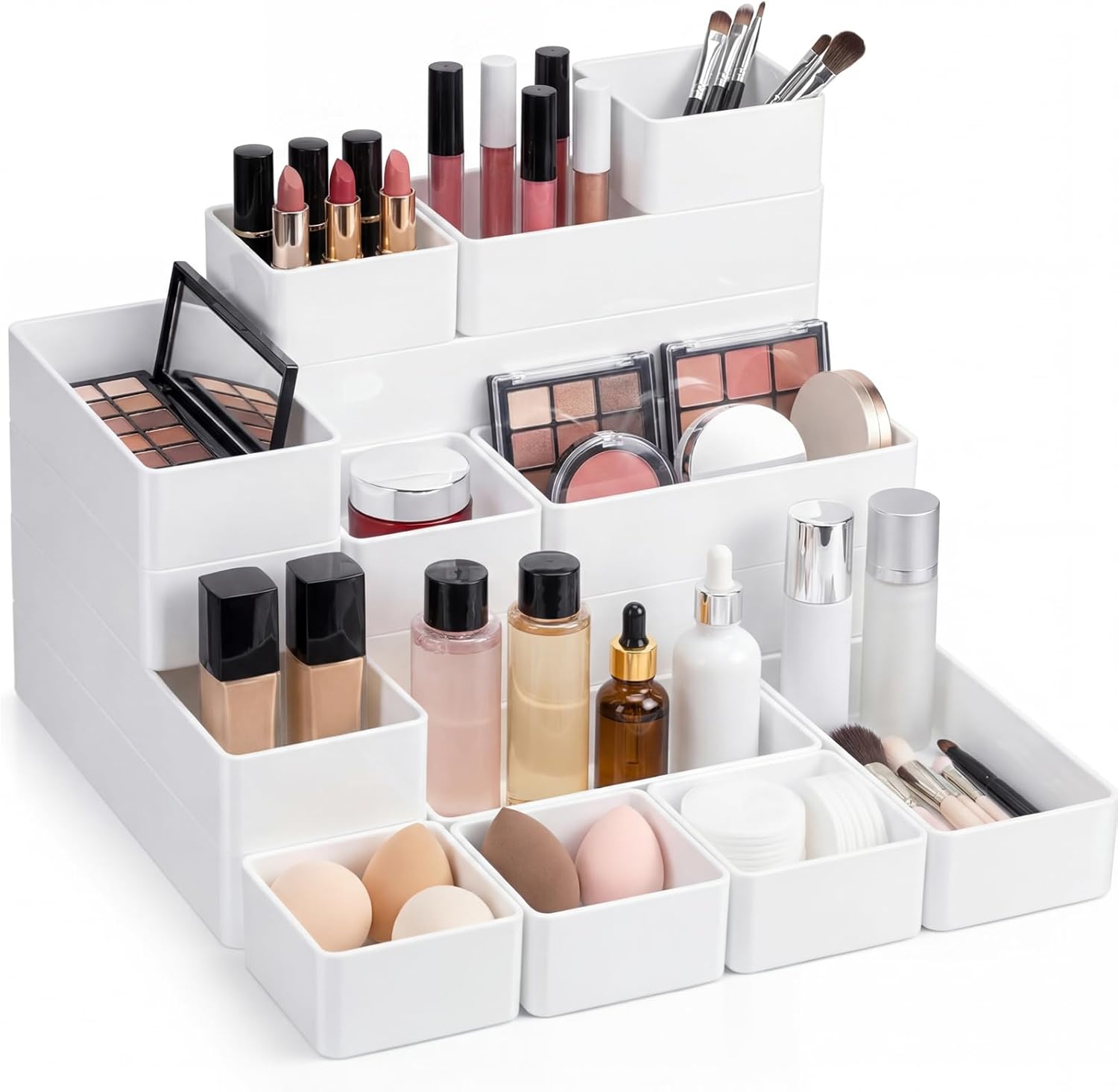 Teenyyou 18 Pcs Drawer Organizer Stackable 4 Size Makeup Drawer Organizer Trays Acrylic Bathroom Vanity Storage Bins for Cosmetic, Jewelries, Office Supply, Kitchen Utensils (White,Glossy)