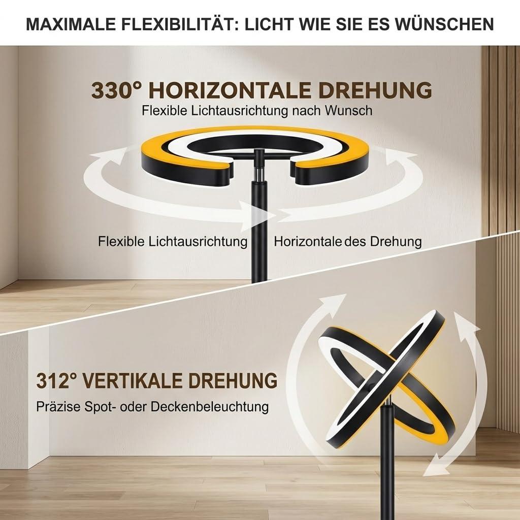 Stehlampe Wohnzimmer LED Dimmbar, 36W Super Hell 2000LM Deckenfluter mit Fernbedienung, 2 Drehbar C-Ring Lampenköpfe, 191cm Moderne Stehleuchte für Schlafzimmer Büro Esszimmer, Schwarz