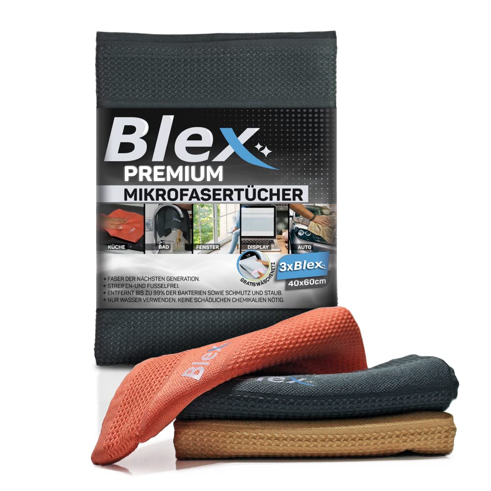 Blex Premium Microfibre Cloth for Household, Kitchen, Bathroom, Car - Streak and Lint-Free Cleaning Cloth for All Surfaces - Window Cloth Streak-Free, Set of 3 60 x 40
