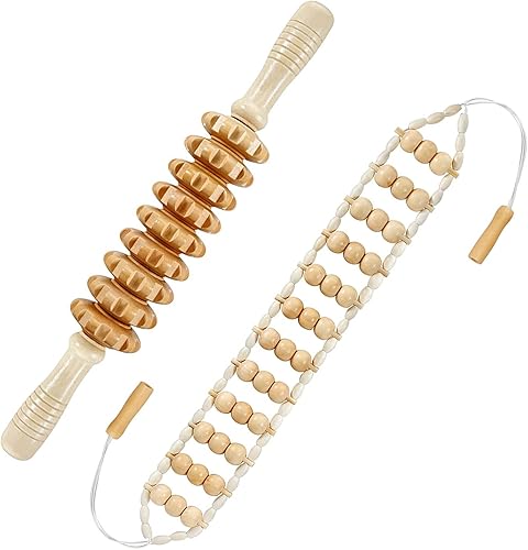 Deston Cuerda de rodillo masajeador de espalda 2 en 1 de madera y rodillo de mano para relajar la fascia, la celulitis, los músculos, la espalda y