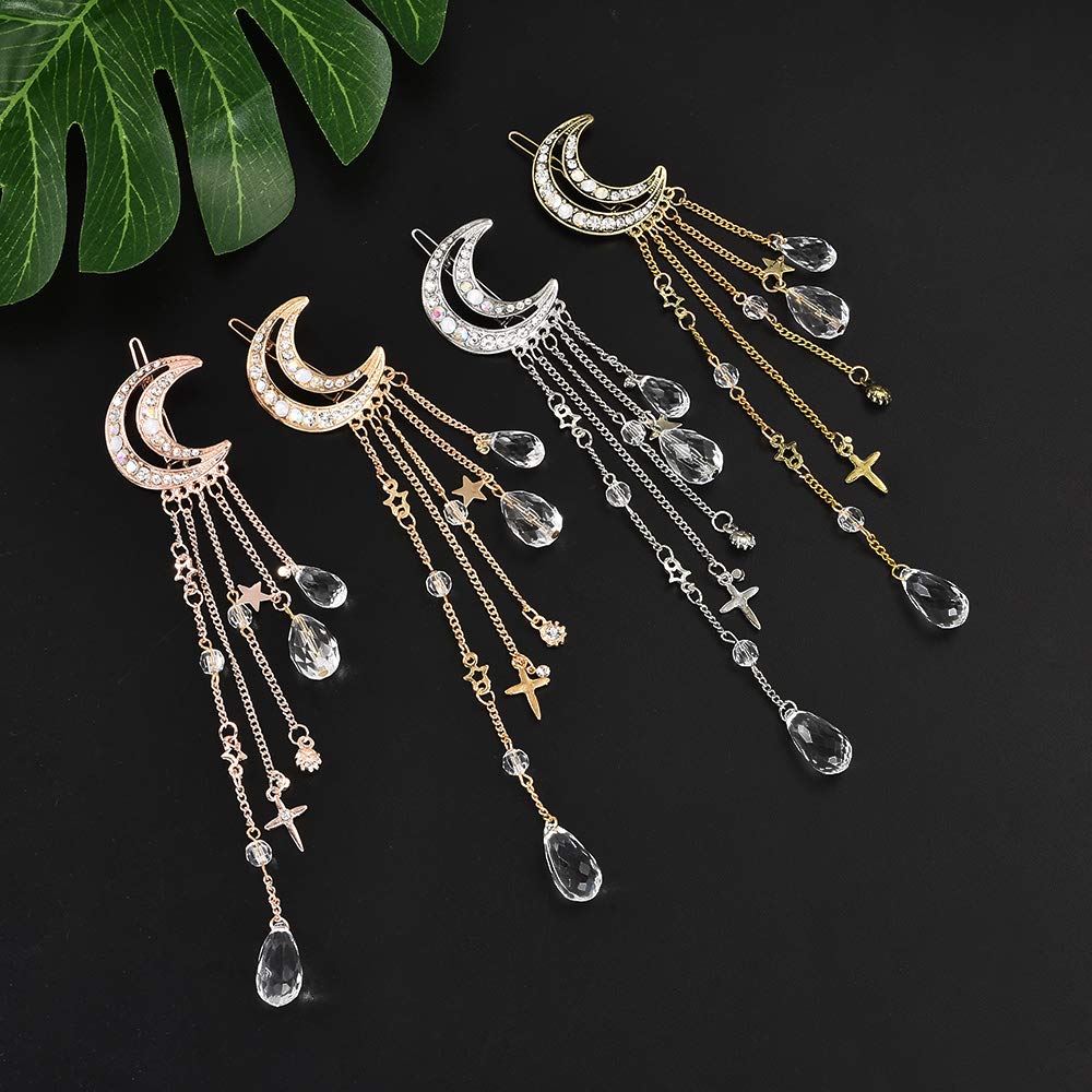 Mode Elegante Vrouwen Haarbanden Dame Maan Strass Kristal Kwastje Lange Ketting Kralen Bengelen Haarspeld Haar Clip Haar Sieraden (Color : Rose Gold