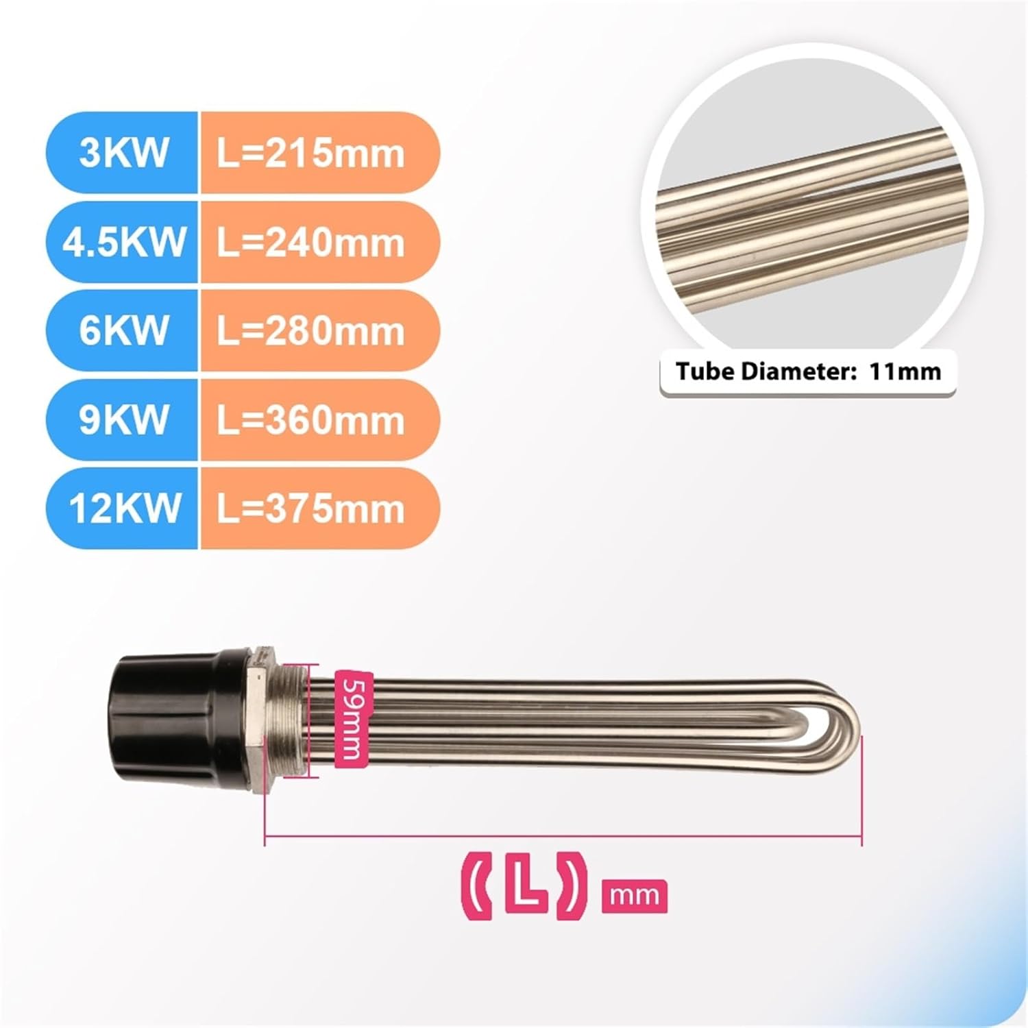 DN50/2.0" Immersion Heating Element SUS304 220V/380V Electric Water Heater Tubular Booster 3KW 4.5KW 6KW 9KW 12KW(9KW,380V)