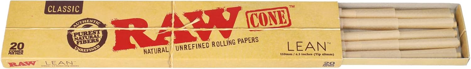 RAW Cones Classic Lean Size | 12 Packs | Natural Pre Rolled Rolling Paper with Tips | 20 Cones per Pack
