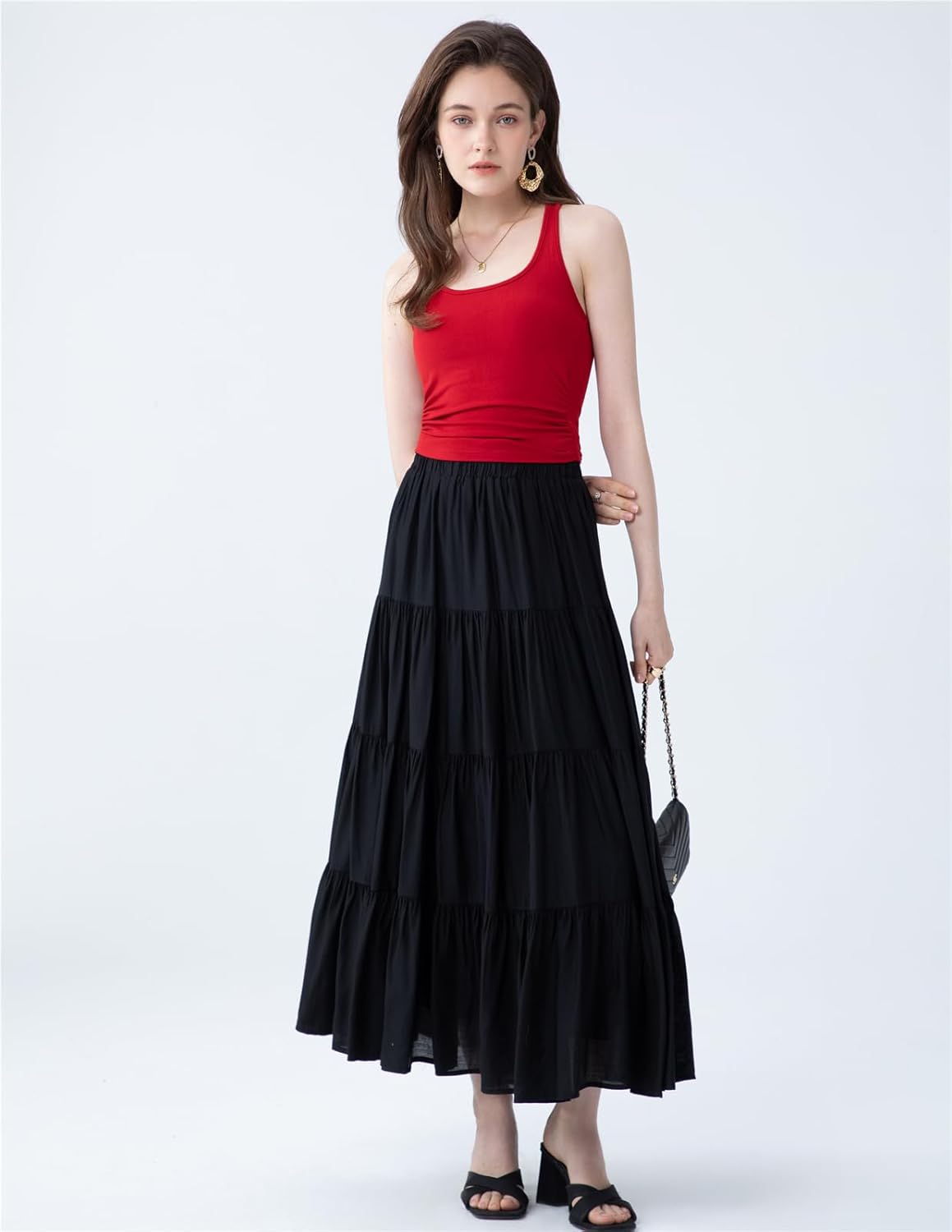 Tiered Maxi Skirt for Women 2026 Summer Beach High-Waisted Flowy A-line Long Skirts with Pockets - Image 3