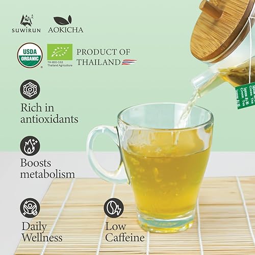 Miniatura 4 de Suwirun Aoki Cha Organic Yabukita Té Verde Japonés 50 Bolsas  Suave, Rico en Umami y Refrescante  Bolsas de té ecológicas sin blanquear para