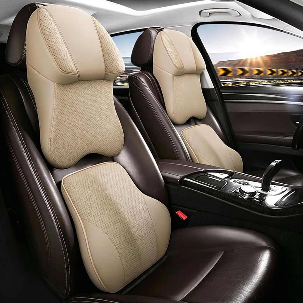 ONEMAJI Car Headrest and Lumbar Support Cushion Set for Mitsubishi Lancer Evolution Ⅹ Memory Foam Neck Pillow Back Rest Breathable Perforated Leather,Beige