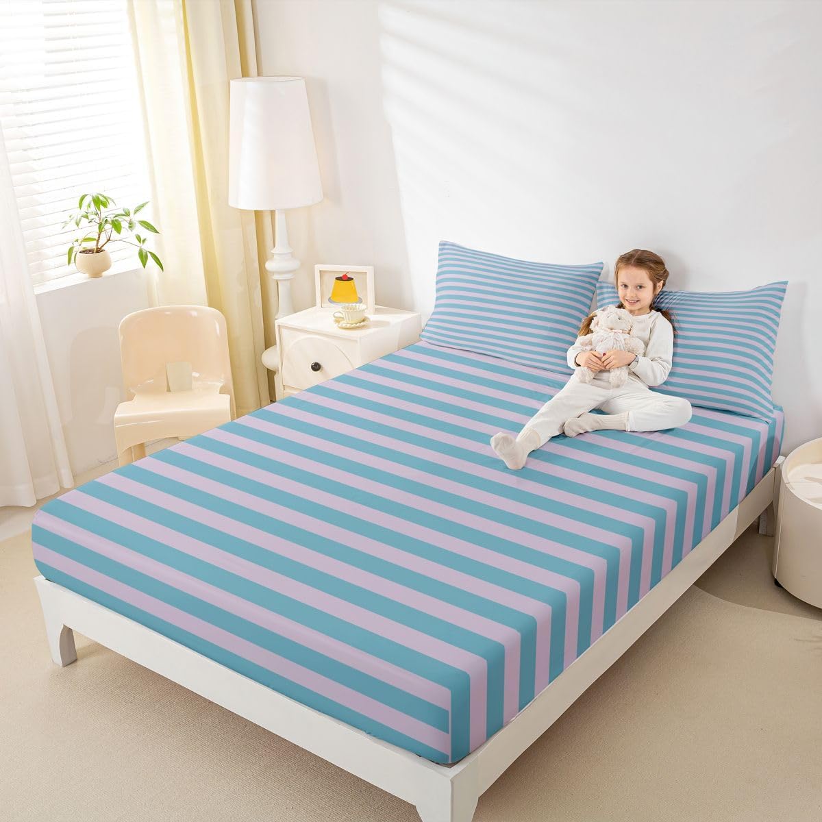 Erosebridal Blue Pink Stripes Full Fitted Sheet Teens Abstract Lines Bed Sheets for Kids Girls Boys Geometric Bedding Set Striped Art Sheets
