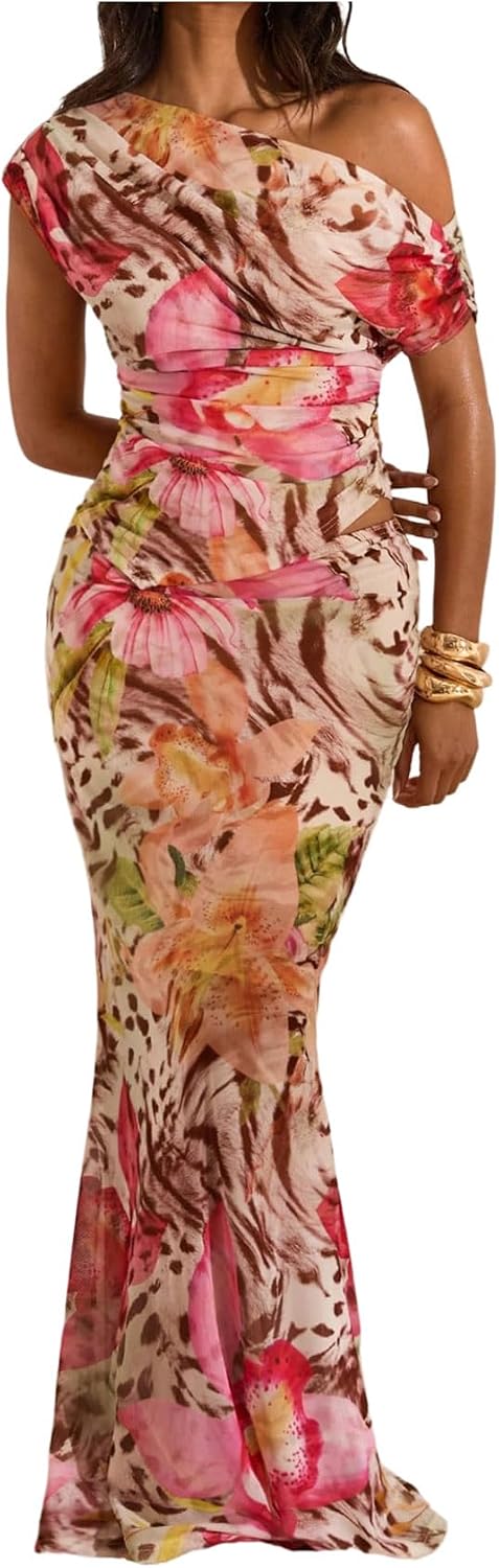 Floerns Women's 2 Piece Vacation Outfit Floral Off The Shoulder Tops and Bodycon Maxi Skirt Set