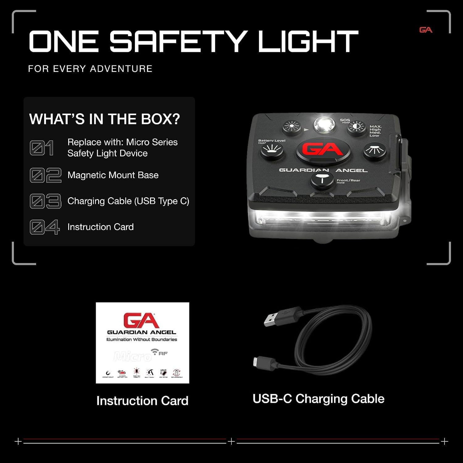 Guardian Angel Luci di sicurezza serie Micro (tutte bianche anteriori e posteriori rosse) | Torcia LED ricaricabile, magnetica e indossabile a mani libere, per passeggiate con cani, ciclismo,