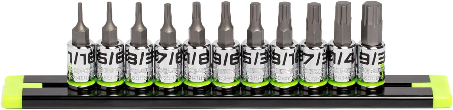 GRIPEDGE HEX Bit Socket Set | 11-PC - 1/4'' Drive Short SAE RPT Hex Driver Set | Sizes 1/16'' - 9/32'' | Made With S2 Steel | Includes Premium Aluminum Storage Rail |
