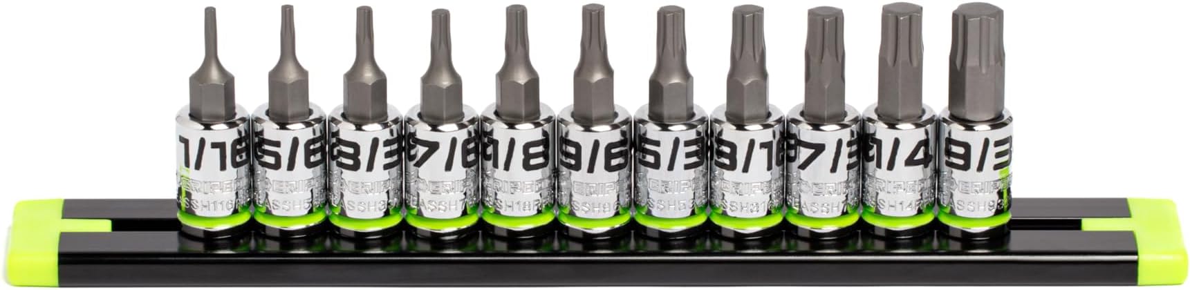 GRIPEDGE HEX Bit Socket Set | 11-PC - 1/4'' Drive Short SAE RPT Hex Driver Set | Sizes 1/16'' - 9/32'' | Made With S2 Steel | Includes Premium Aluminum Storage Rail |