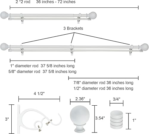 Miniatura 3 de Kemmie Barra de cortina clásica de 1 pulgada con remates redondos y de barril, barra de cortina telescópica doble simple, 36-72 pulgadas, blanco mate