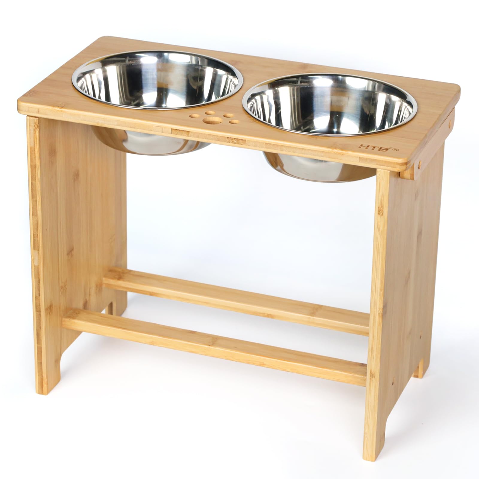 HTB Extra Large Raised Dog Bowls With Stand, Bamboo Elevated Dog Bowls for Large Medium Small Size Dogs, Bamboo Pet Food And Water Feeder With 2 Stainless Steel Bowls - 43.99cm(L)*24cm(W)*35.99cm(H)
