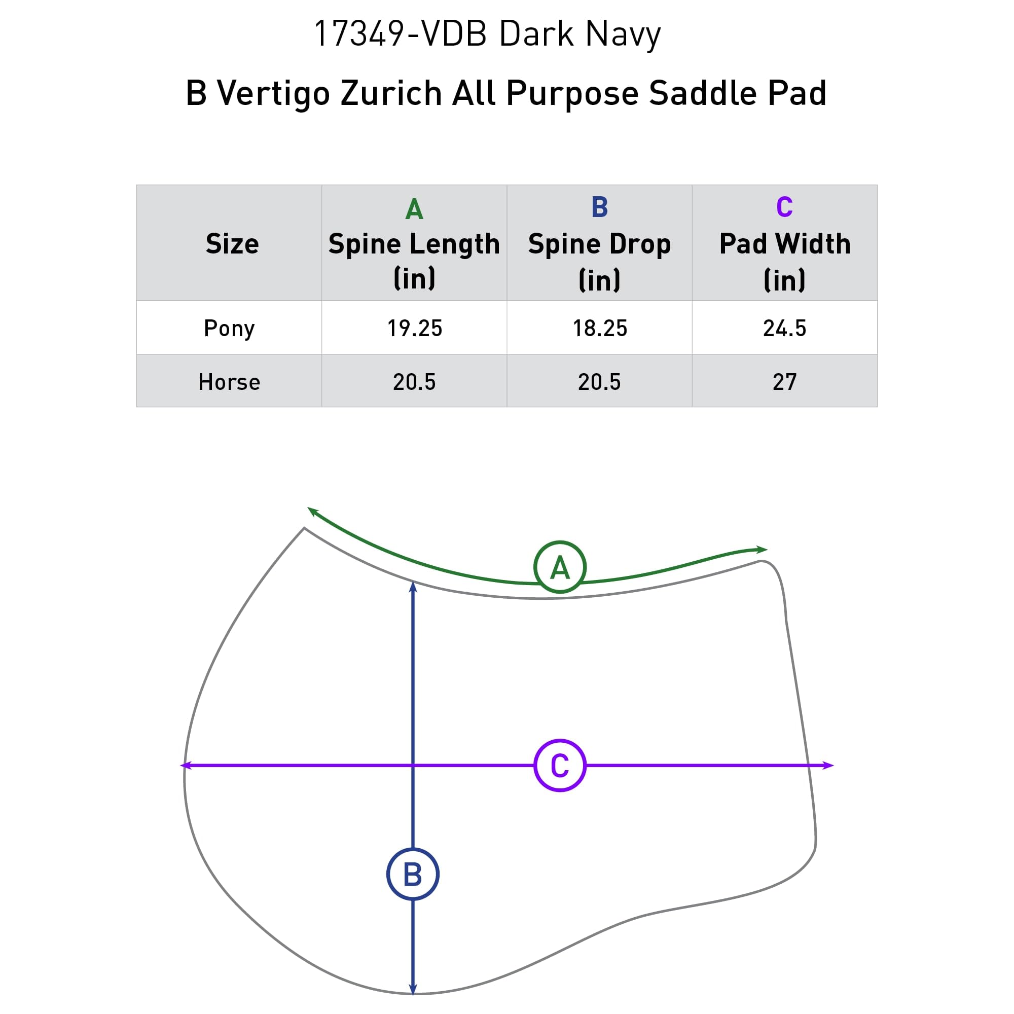 B Vertigo Zurich Quilted Quick-Dry Dust-Resistant All Purpose Saddle Pad - Dark Navy - Pony