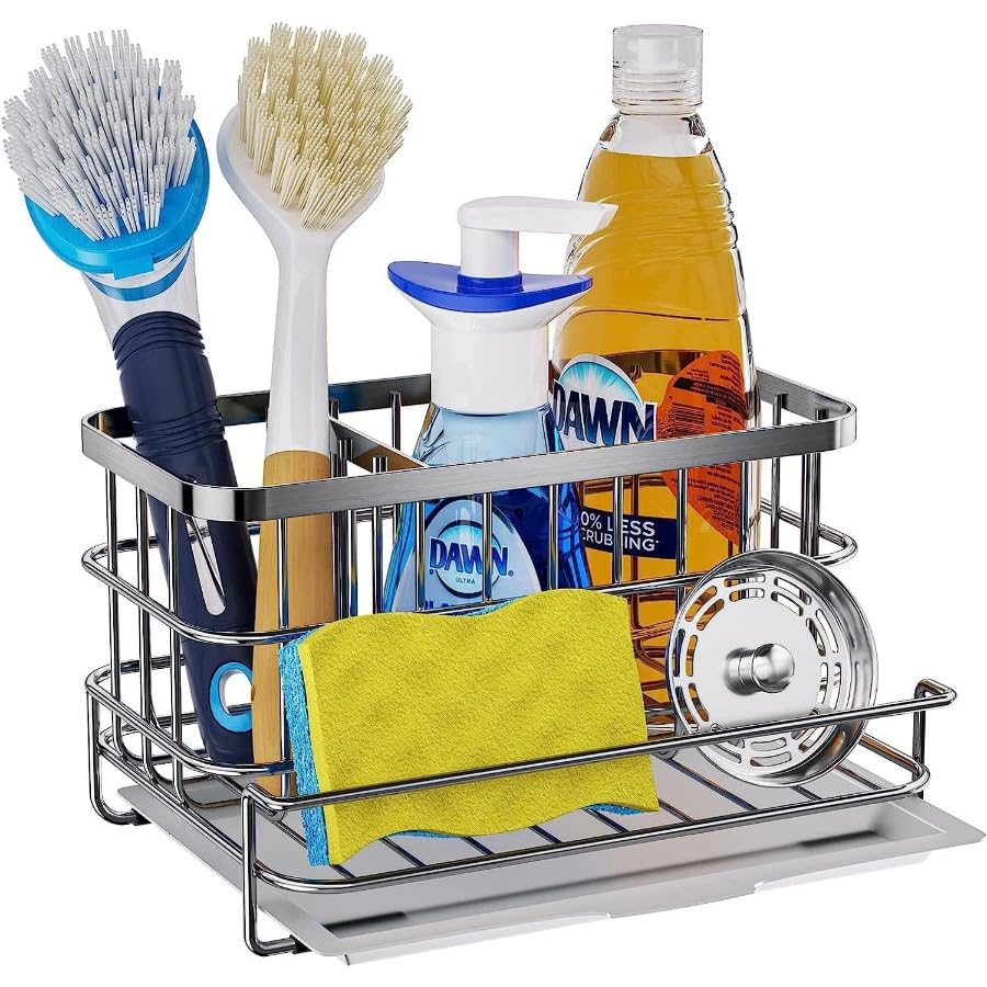 GAORUIFENG Sponge Holder Kitchen Sink Caddy Kitchen Sink Caddy SUS304 Stainless Steel Sink Caddy with Drain Pan Black