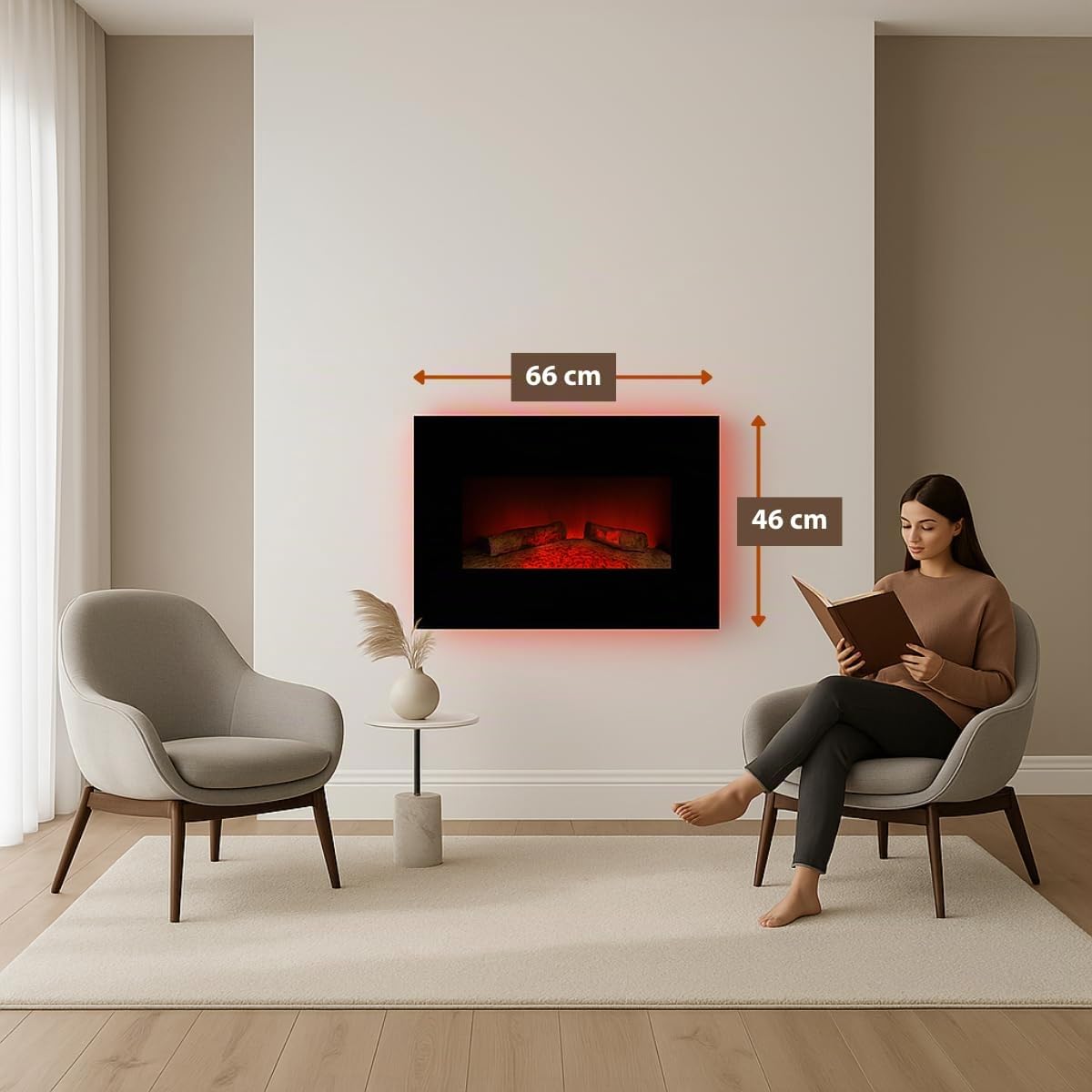 Cheminée Électrique Memphis – Cheminée Décorative Murale 1800W avec Chauffage et Effet Flamme LED – Poêle Électrique avec Télécommande, Minuterie et Protection Surchauffe – Noir