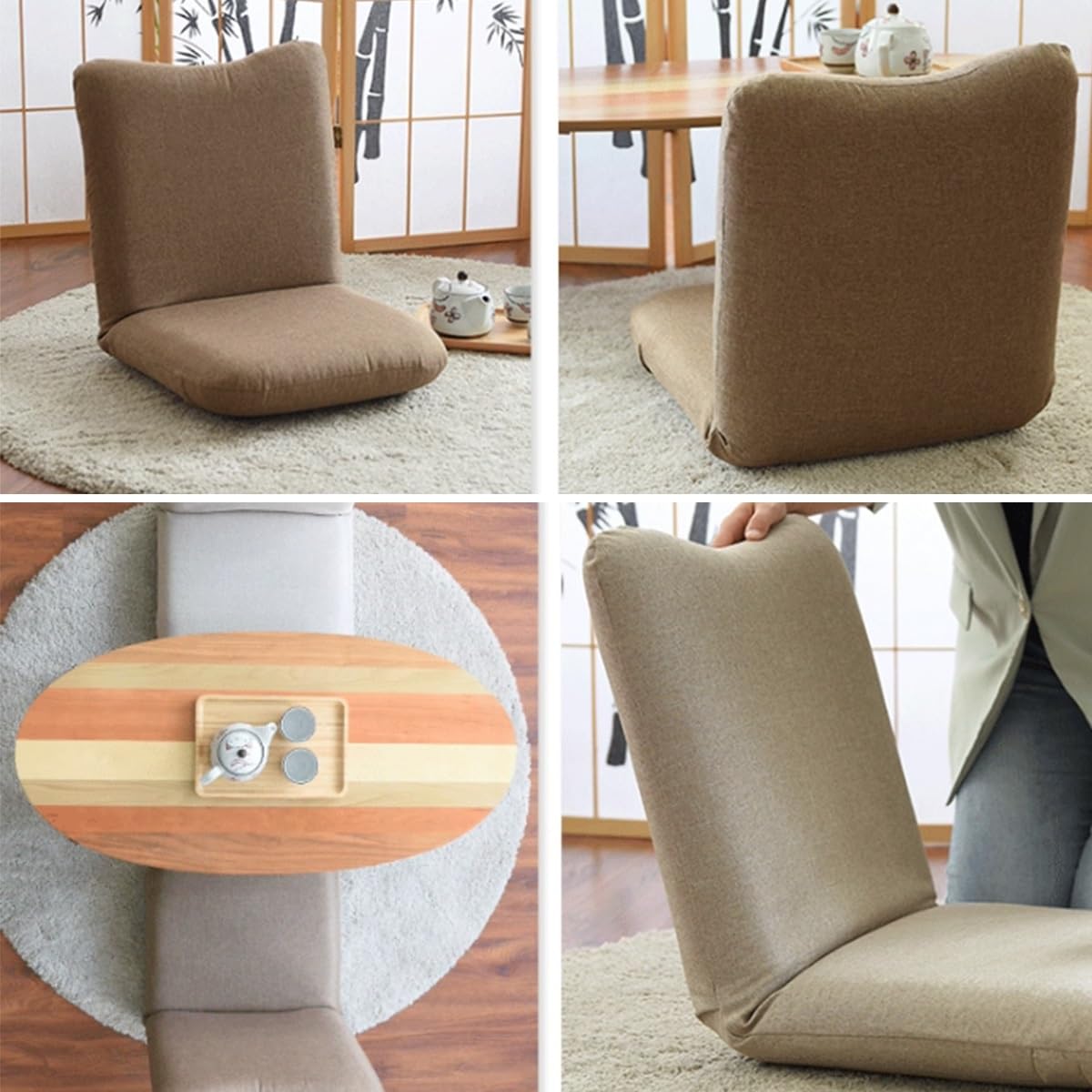 Sedia da pavimento pieghevole regolabile con supporto per la schiena, 5 posizioni, ergonomica, per leggere, meditazione e relax a casa, comoda seduta marrone