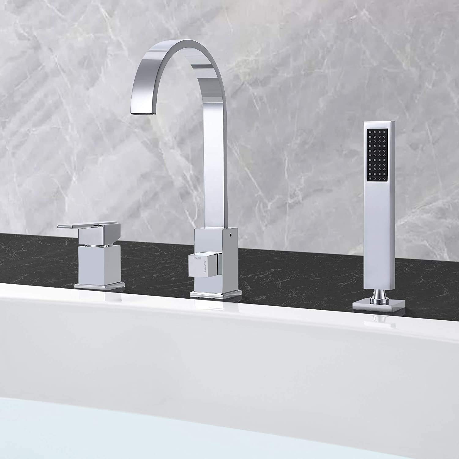 JinYuZe Modern Chrome Finish 3 Holes Single Handle Roman Bathtub Filler Faucet with Handheld Shower Waterfall Spout