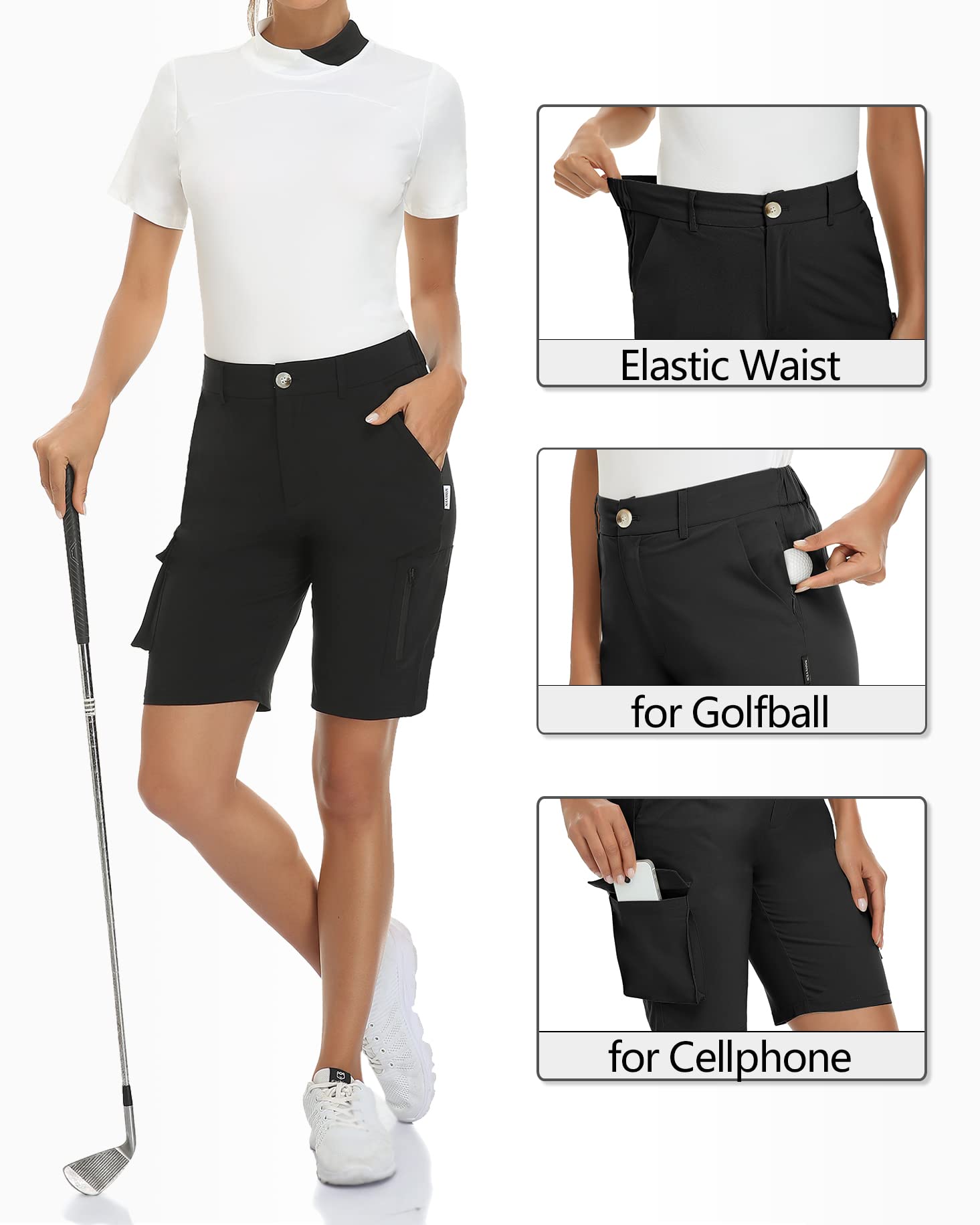 Soneven Pantalones Cortos Cargo Mujer Bermuda Shorts Ligero Verano con Bolsillos Cremallera para Trekking Montañismo Senderismo Entrepierna de 25cm