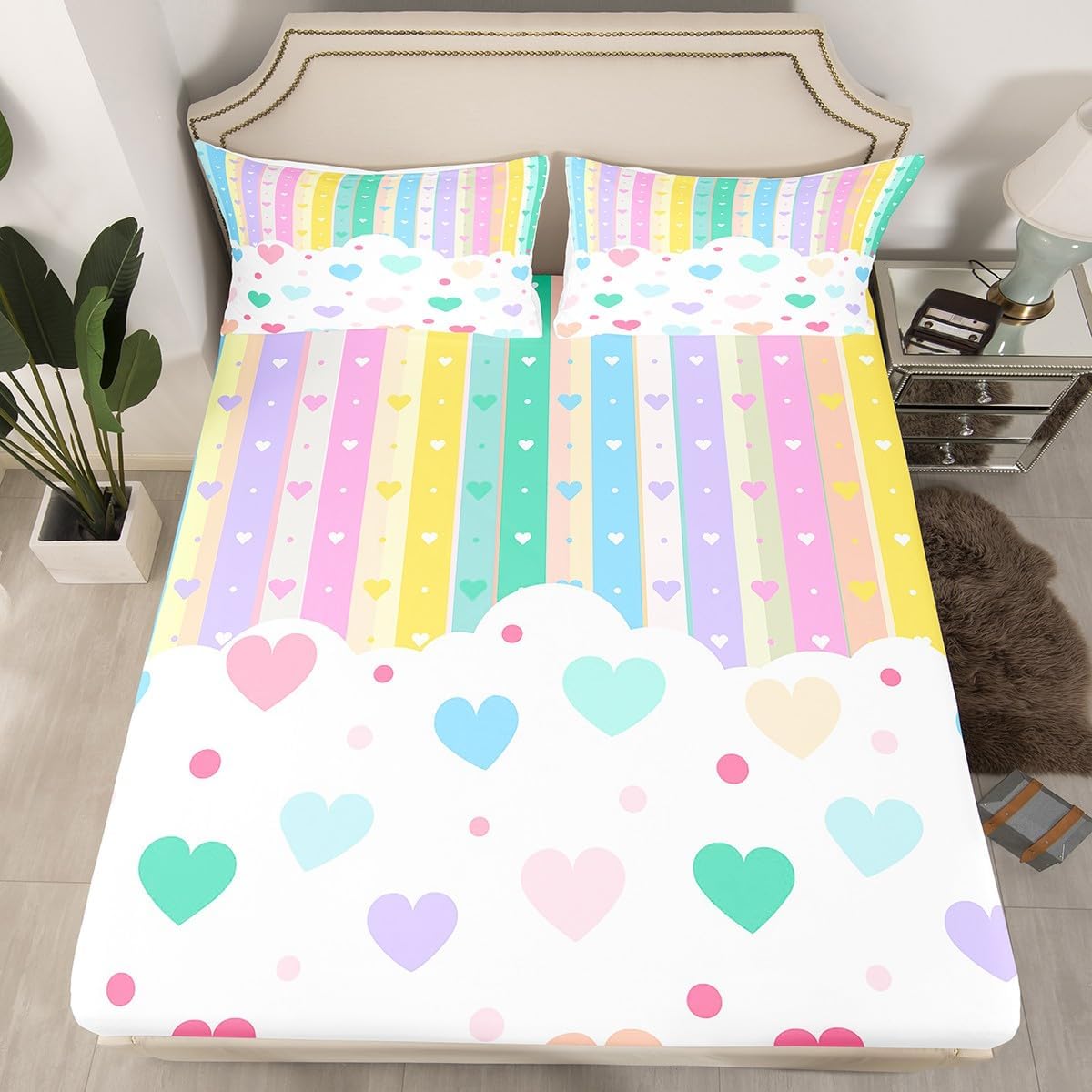 Feelyou Pretty Rainbow Bedding Sheets for Kids Colorful Love Heart Bedding Fitted Sheet Twin Size Dot Bed Sheet Set Bedroom Decor Kawaii Bed Cover,1 Fitted Sheet+1 Pillow Sham（No Flat Sheet）