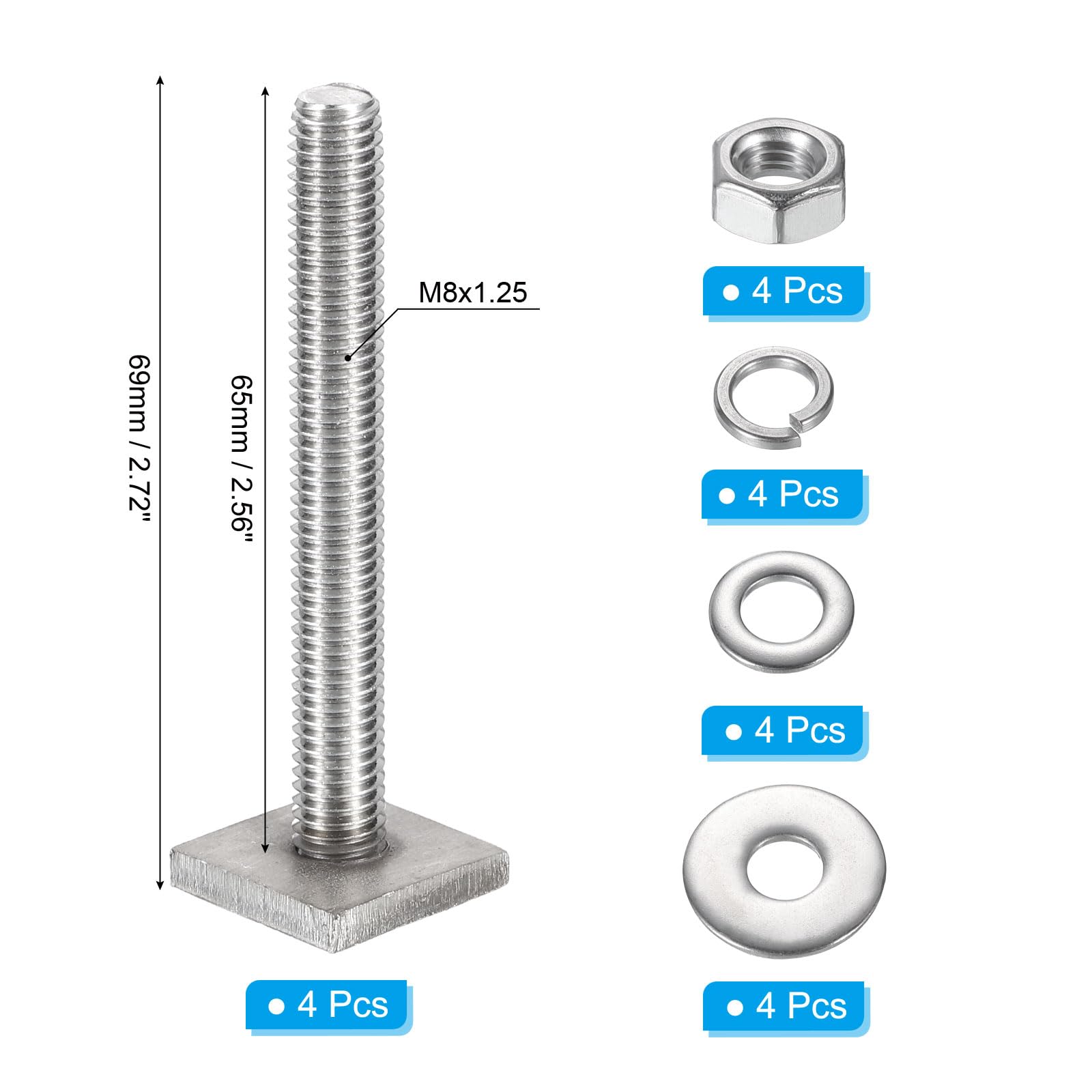 PATIKIL T Slot Bolts M8 x 65mm, 4 Set Square Head Stainless Steel T Track Bolts with Nut Washers for Bike Ski Kayak Rack - Image 2