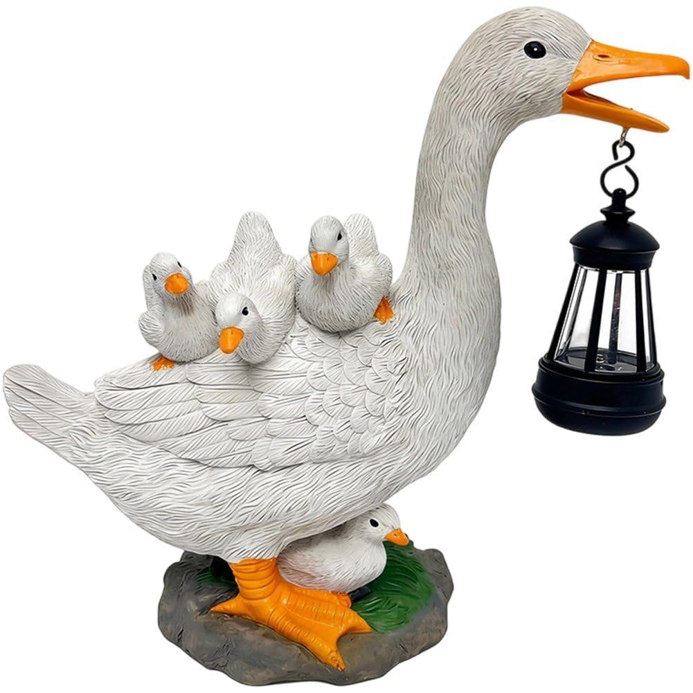 Caeanhi Garden Duck Statue with Solar Lantern Flowerpot Figurine Animal Yard Art Sculpture Outdoor Resin Ornament for Patio Balcony Room